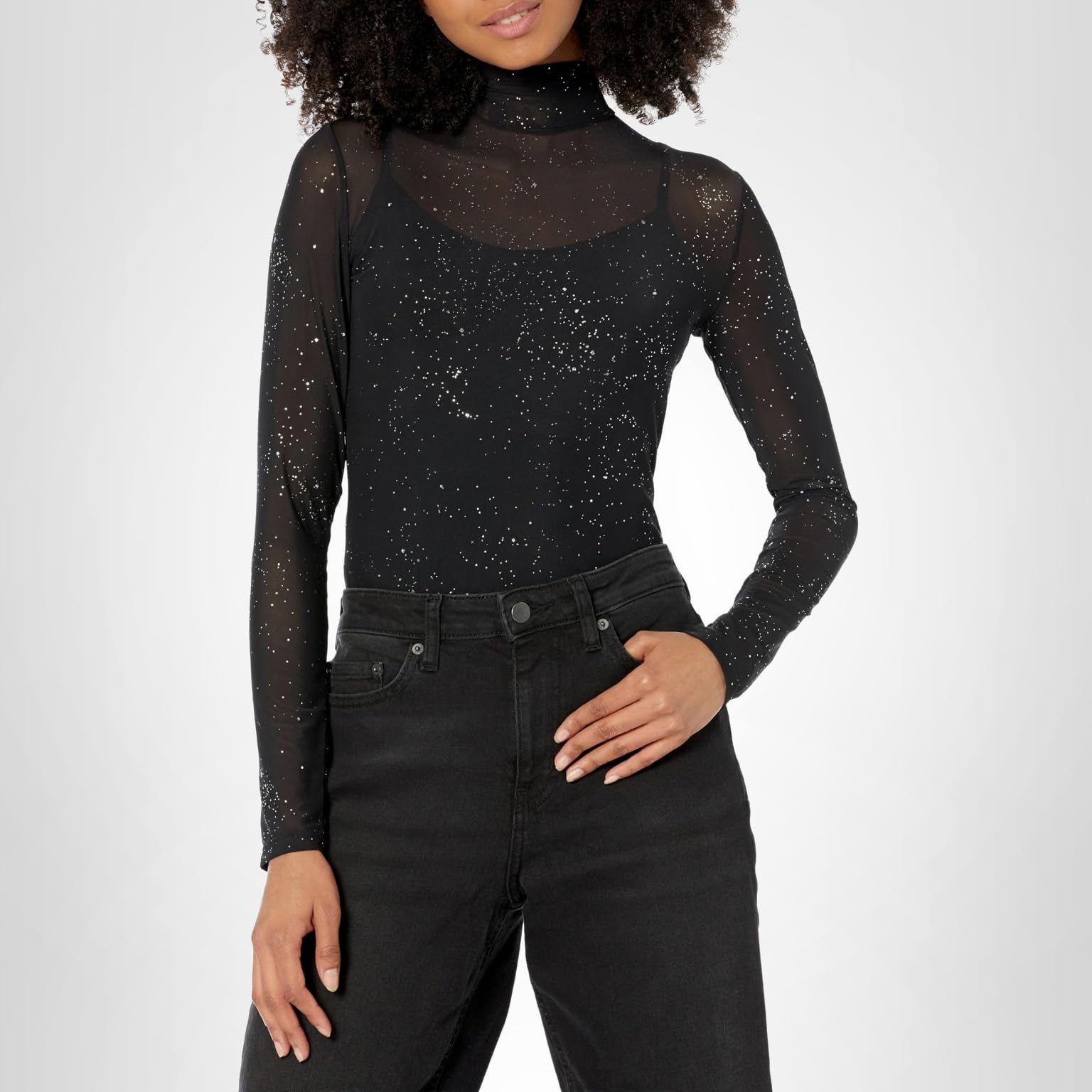HUGO Women's Mesh Long Sleeve Mock Neck Sparkle Top - Image 3