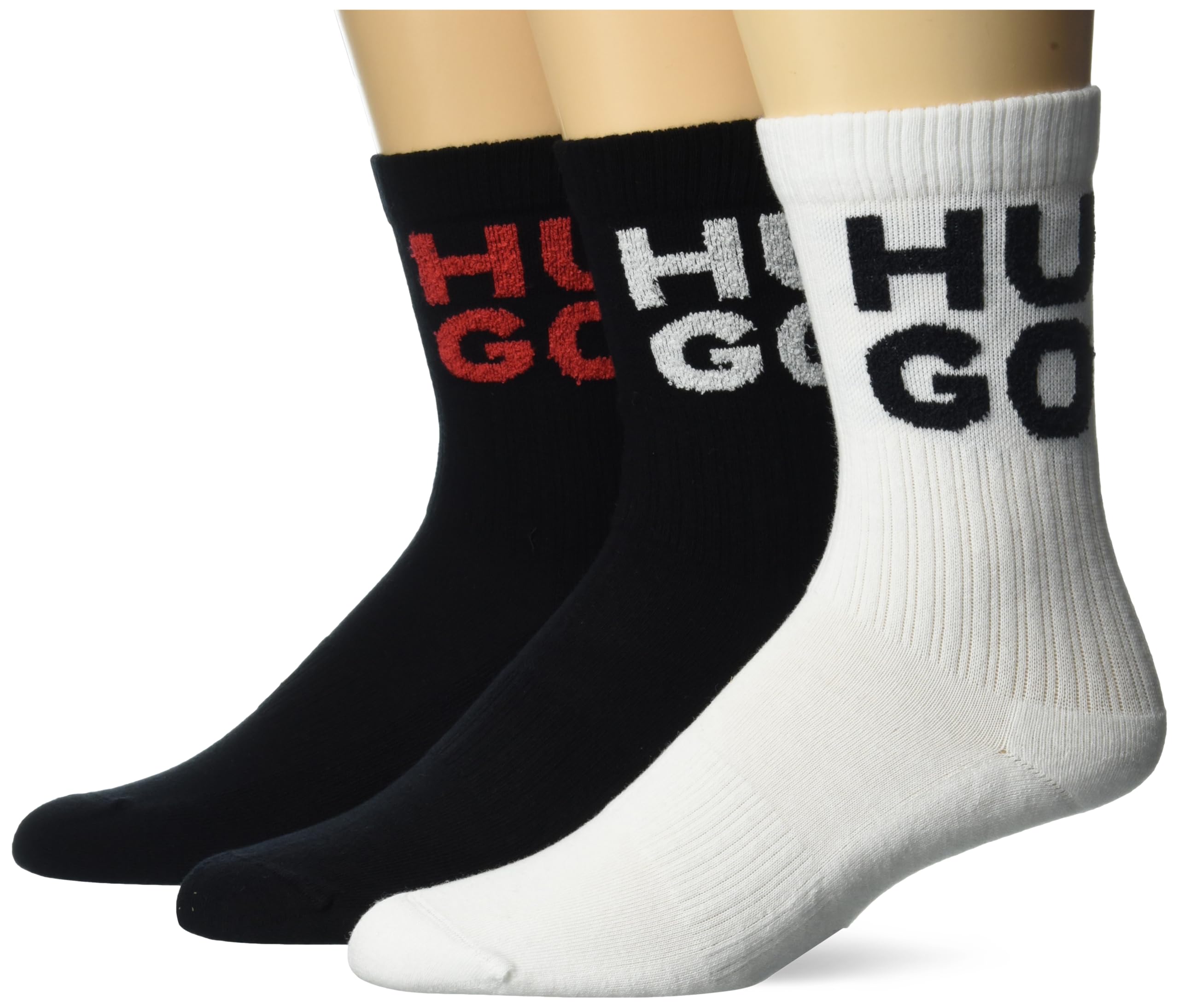 HUGO Men's 3 Pack Stacked Logo Ribbed Combed Cotton Socks