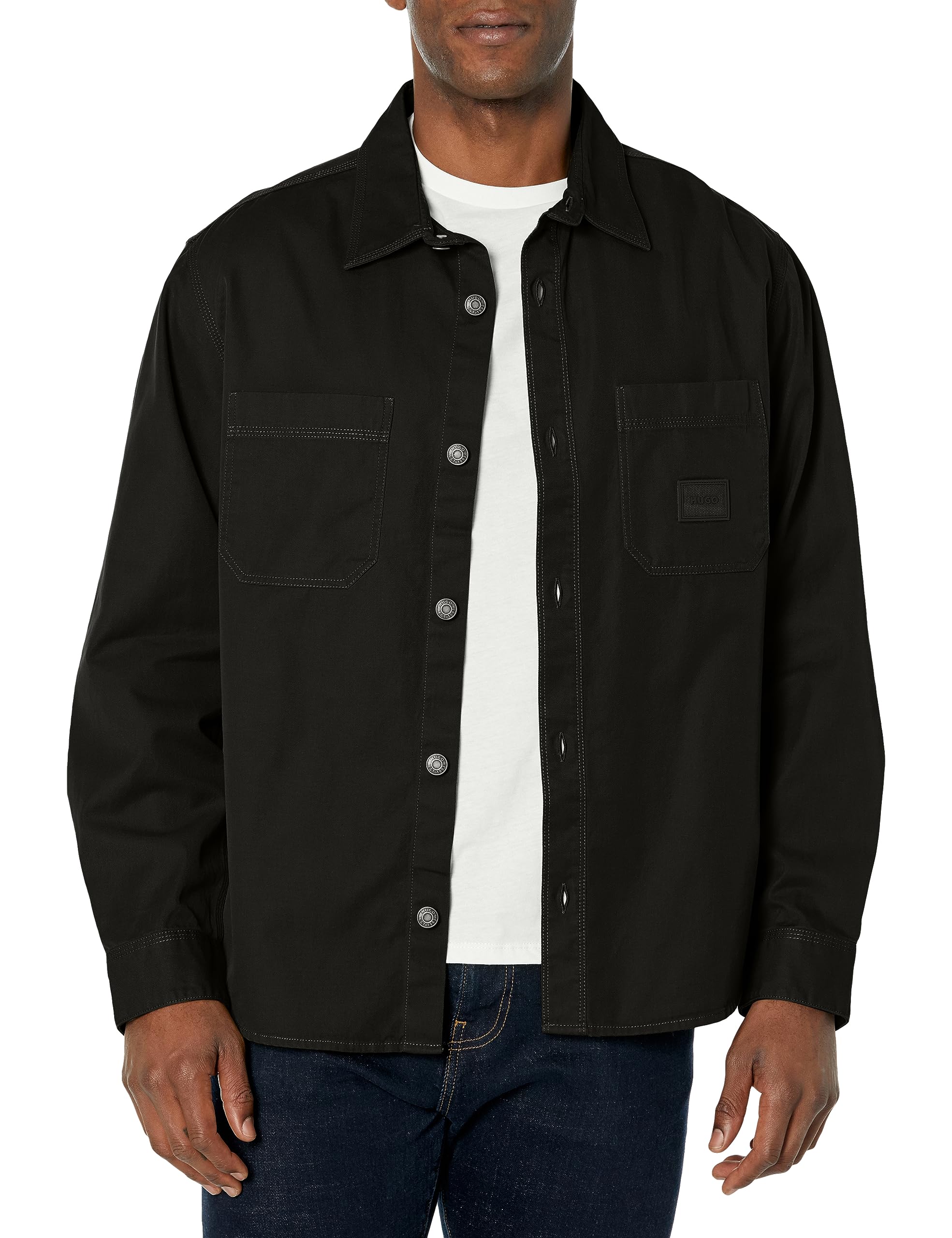 HUGO Men's Solid Cotton Patch Logo Over Shirt