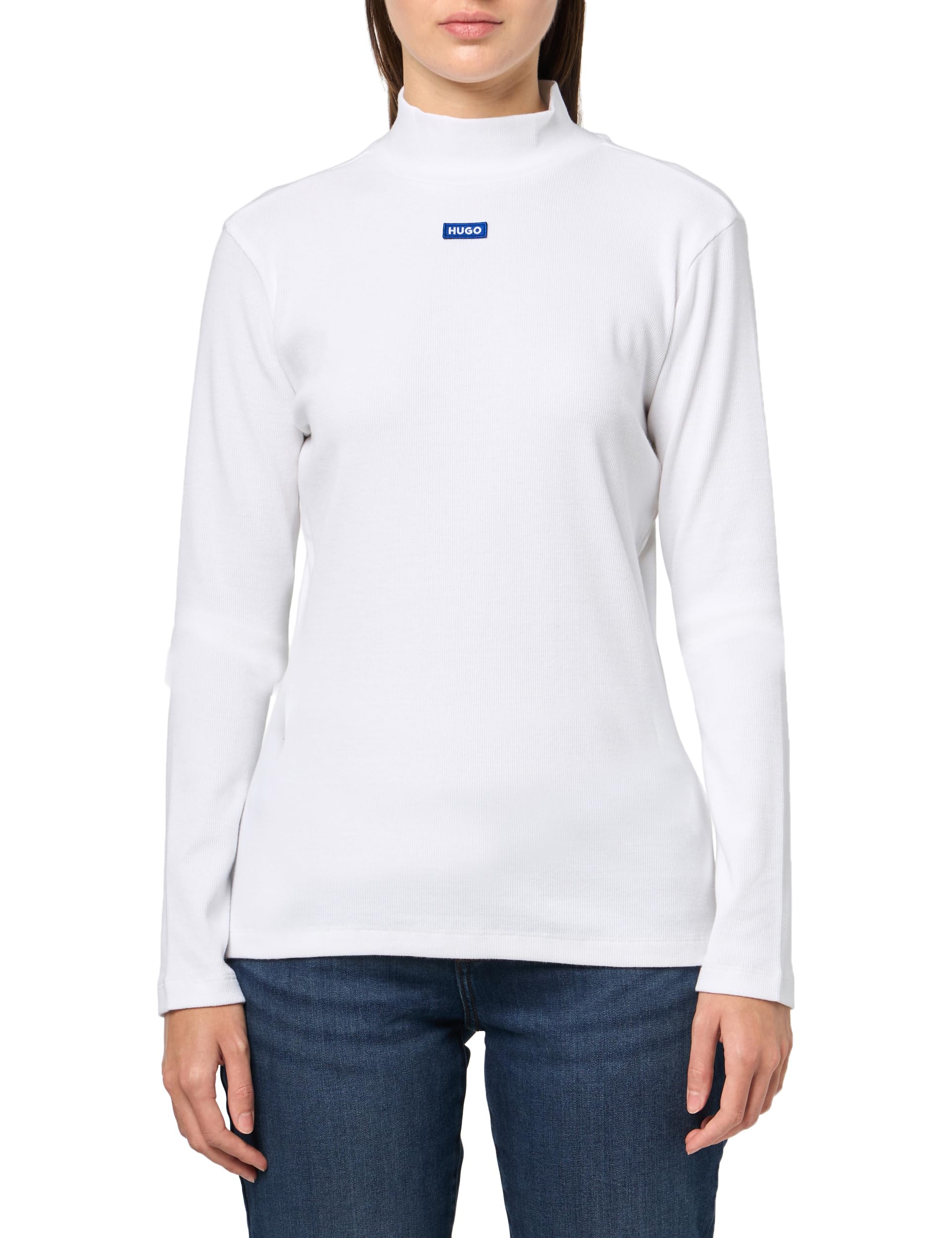 HUGO Women's Mock Neck Small Logo Long Sleeve Jersey Shirt